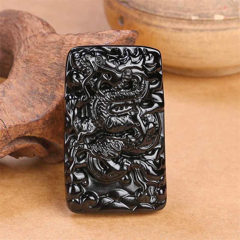 Buddha Stones Natural Black Obsidian Rectangular Dragon Engraved Success Necklace Pendant - image 2