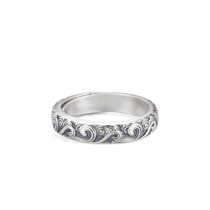Buddha Stones 999 Sterling Silver Auspicious Clouds Engraved Blessing Adjustable Ring - Auspicious Clouds About 4g(Adjustable) - image 1