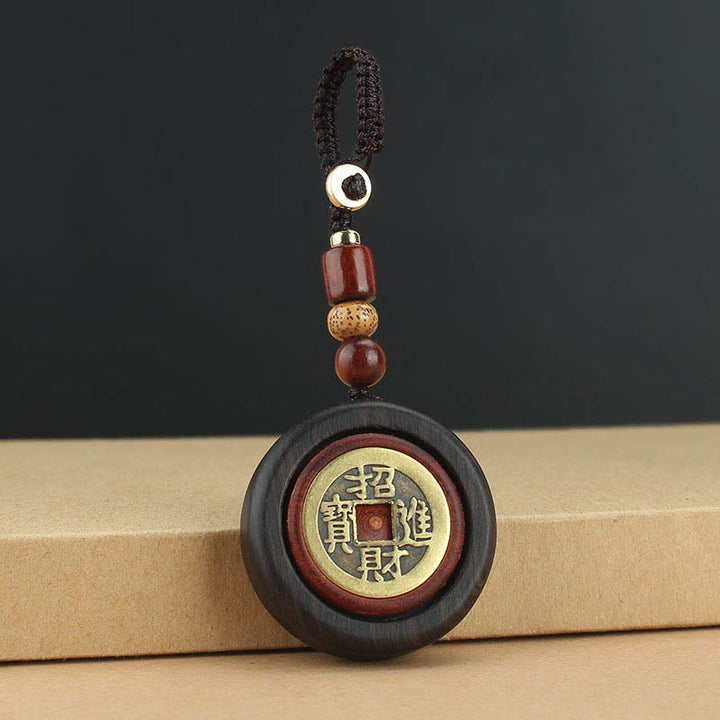 Buddha Stones Copper Coin Attract Wealth Ebony Wood Red Sandalwood Luck Key Chain Decoration - Ebony Wood - image 0