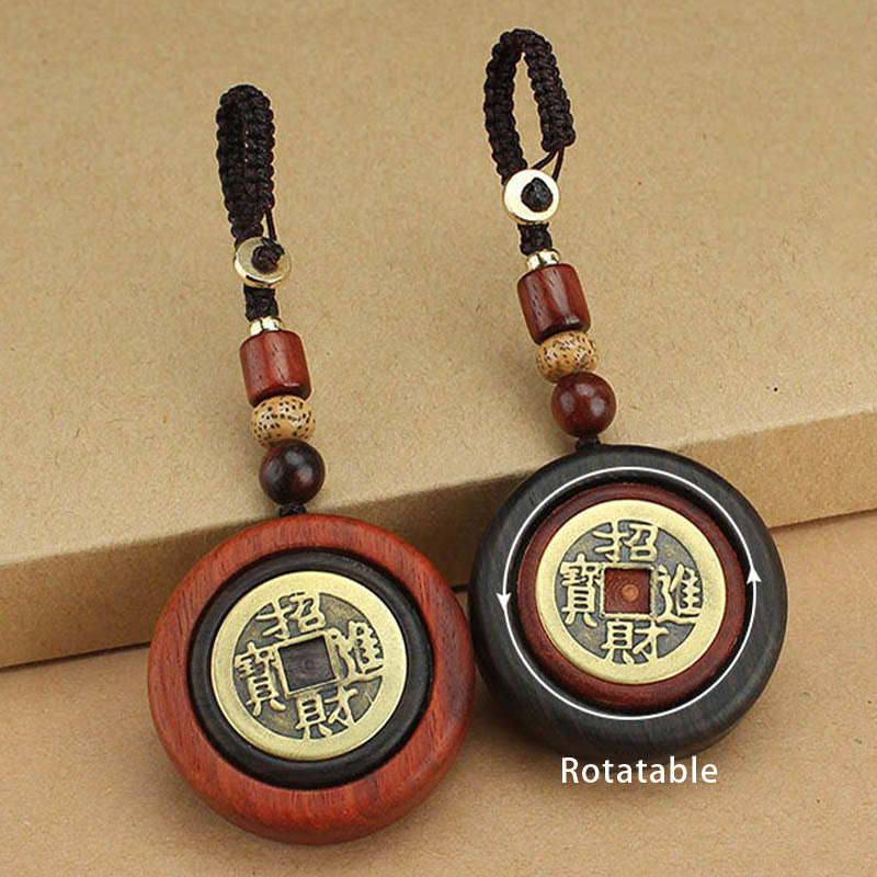 Buddha Stones Copper Coin Attract Wealth Ebony Wood Red Sandalwood Luck Key Chain Decoration - image 1