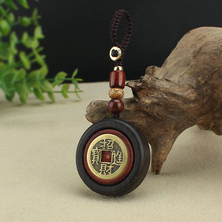 Buddha Stones Copper Coin Attract Wealth Ebony Wood Red Sandalwood Luck Key Chain Decoration - image 2