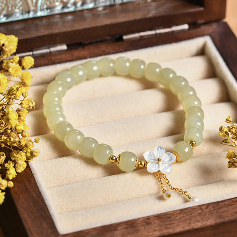Buddha Stones 925 Sterling Silver Natural Hetian Jade Luck Flower Bracelet - image 1