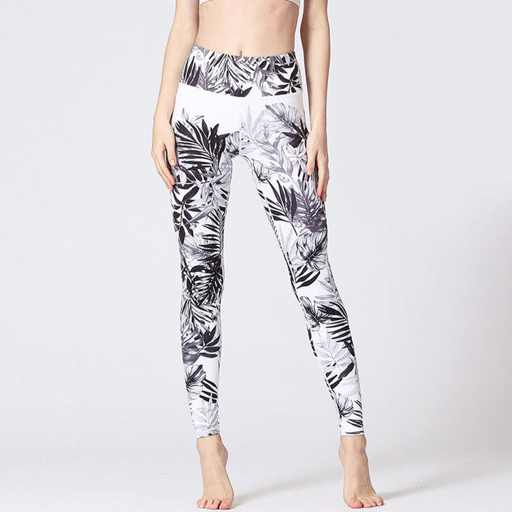 Buddha Stones Lines Weeds Sakura Flowers Black Tree Print Pants Sports Fitness Yoga Leggings Women's Yoga Pants - White Black Leaves - US8-10，UK/AU12-14，EU40-42 (XL) - image 35