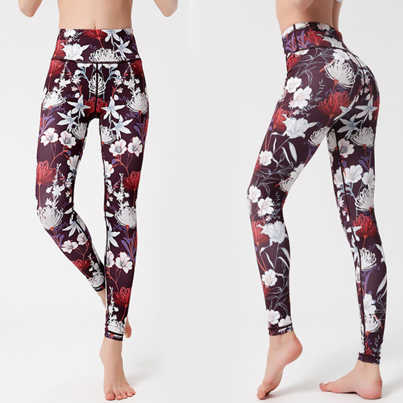 Buddha Stones Colorful Flower Petal Leaves Print Sports Exercise Fitness High Waist Leggings Women's Yoga Pants - Tan - US8-10，UK/AU12-14，EU40-42 (XL)  - image 0