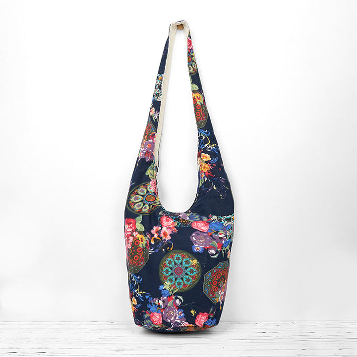 Buddha Stones Cotton Flower Pattern Crossbody Bag Shoulder Bag - Navy Blue Flower Pattern 36*19*34cm - image 0