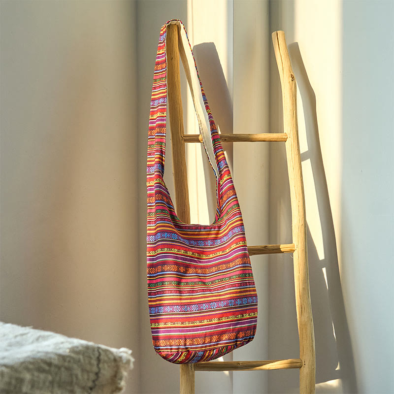 Buddha Stones Cotton Stripes Pattern Crossbody Bag Shoulder Bag - Red Stripes 36*19*34cm - image 1