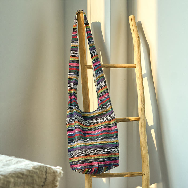 Buddha Stones Cotton Stripes Pattern Crossbody Bag Shoulder Bag - Pink Dark Stripes 36*19*34cm - image 9
