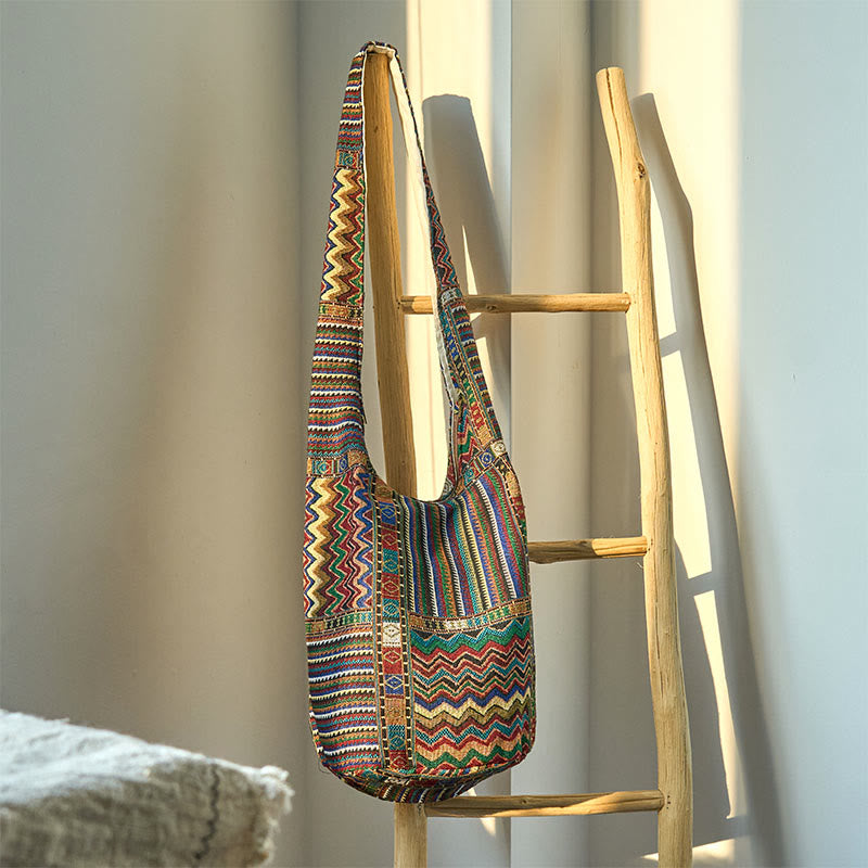 Buddha Stones Green Brown Waves Pattern Cotton Crossbody Bag Shoulder Bag - Green Brown Waves 36*19*34cm - image 2