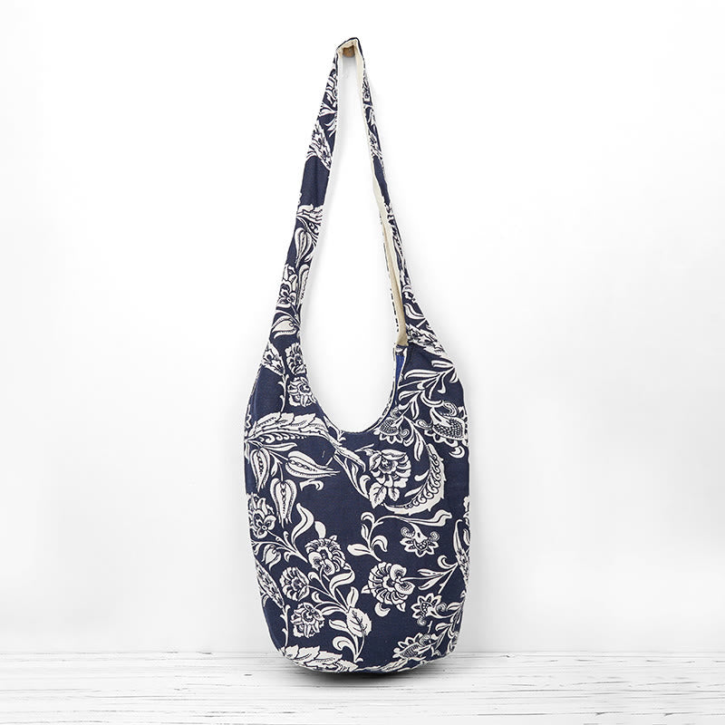 Buddha Stones Navy Blue White Flower Pattern Cotton Crossbody Bag Shoulder Bag - image 0