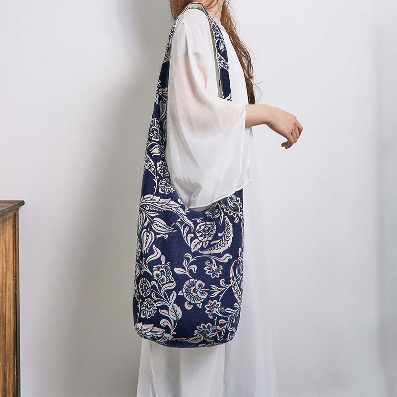 Buddha Stones Navy Blue White Flower Pattern Cotton Crossbody Bag Shoulder Bag - image 1