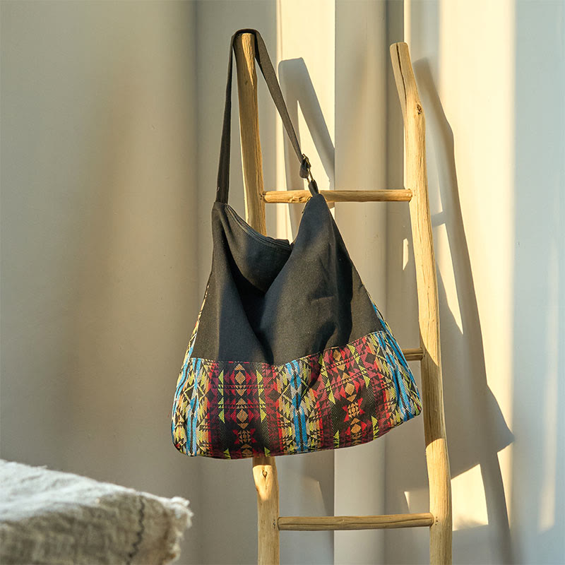 Buddha Stones Black Red Blue Stripes Pattern Cotton Crossbody Bag Shoulder Bag - Black Red Blue Stripes 43*12*43cm - image 1