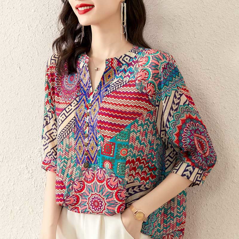Buddha Stones Women's Mandala Geometry Half Button Shirt - image 2