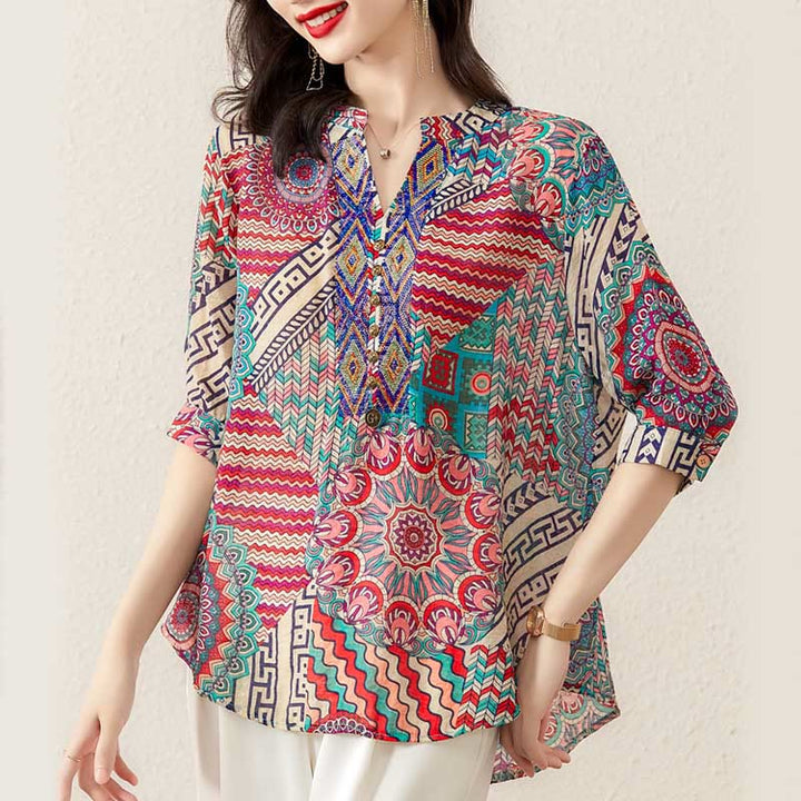 Buddha Stones Women's Mandala Geometry Half Button Shirt - Crimson - US16，UK/AU20，EU48 (3XL) - image 0