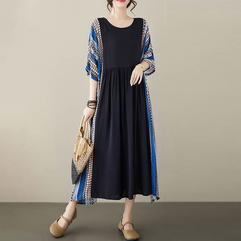 Buddha Stones Black Blue Stripes Short Sleeve Midi Dress With Pockets - image 15
