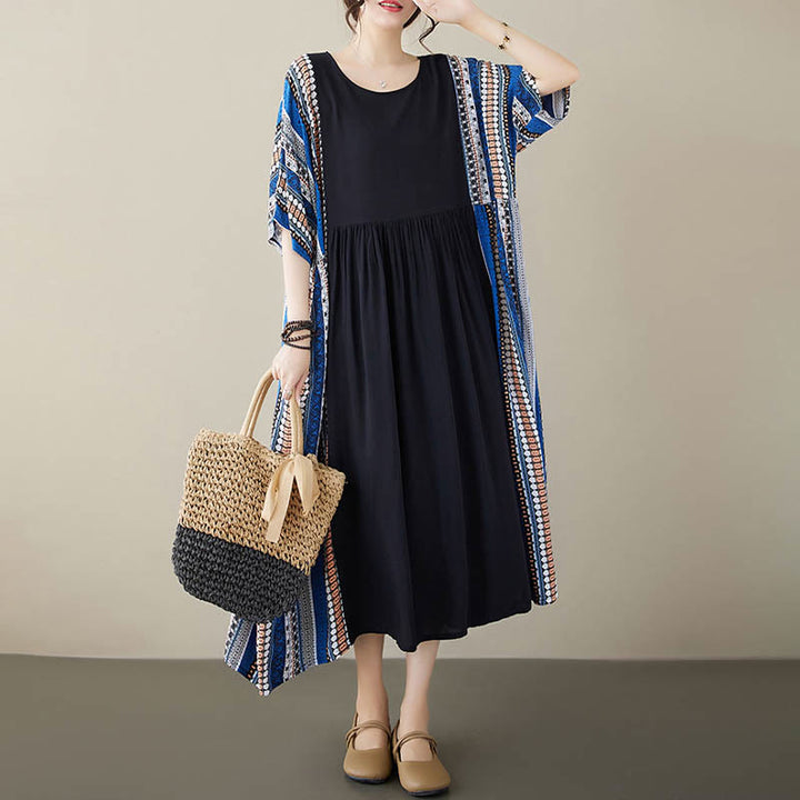 Buddha Stones Black Blue Stripes Short Sleeve Midi Dress With Pockets - image 4