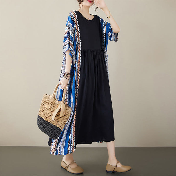Buddha Stones Black Blue Stripes Short Sleeve Midi Dress With Pockets - F(Fit for US4-14; UK/AU8-18; EU36-46) - image 0