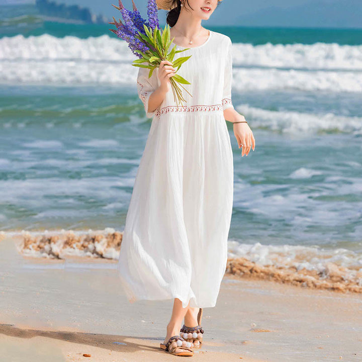 Buddha Stones Solid Color Embroidery Short Sleeve Cotton Midi Dress With Pockets - image 11