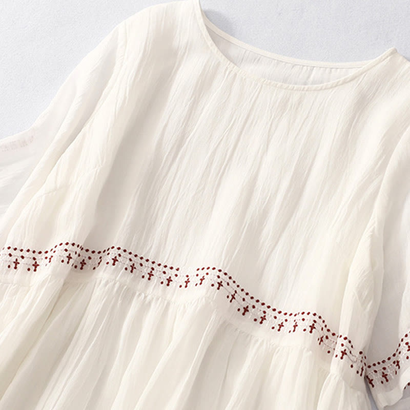 Buddha Stones Solid Color Embroidery Short Sleeve Cotton Midi Dress With Pockets - image 5