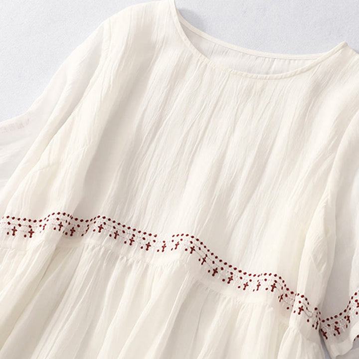 Buddha Stones Solid Color Embroidery Short Sleeve Cotton Midi Dress With Pockets - image 5