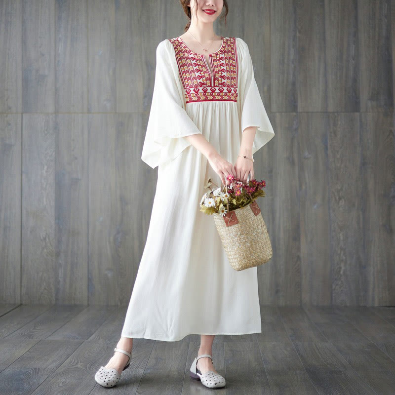 Buddha Stones Embroidery Notched Ruffled Hem Midi Dress With Pockets - image 12