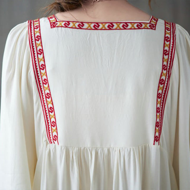 Buddha Stones Embroidery Notched Ruffled Hem Midi Dress With Pockets - image 6