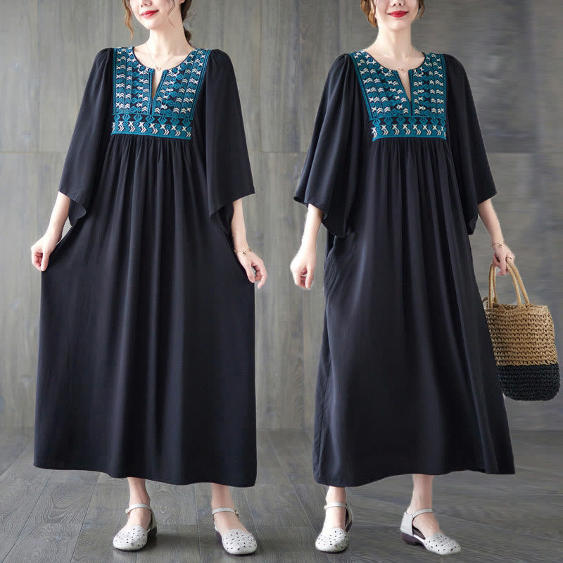 Buddha Stones Embroidery Notched Ruffled Hem Midi Dress With Pockets - image 27