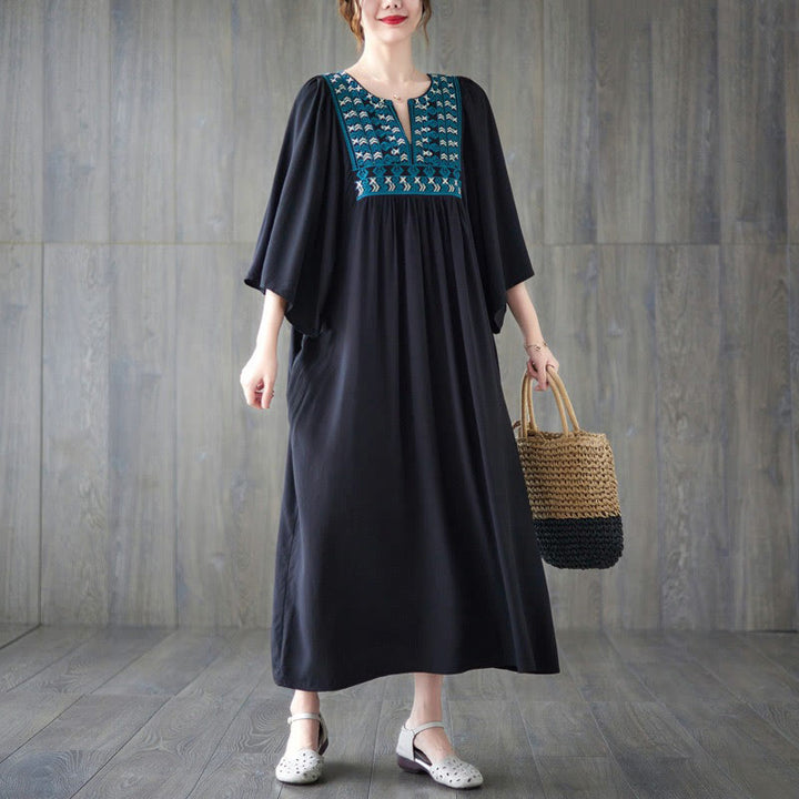 Buddha Stones Embroidery Notched Ruffled Hem Midi Dress With Pockets - image 25