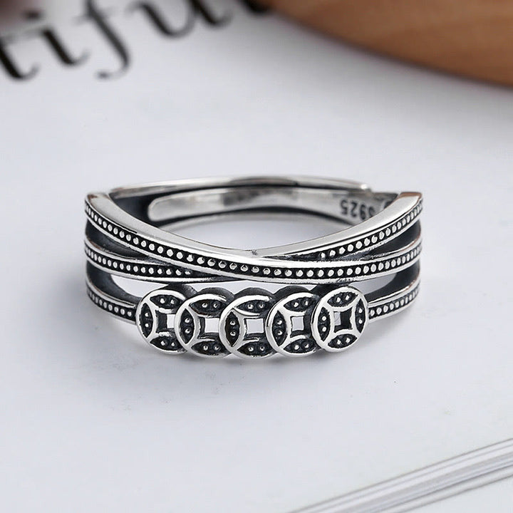 Buddha Stones 925 Sterling Silver Copper Coins Wealth Blessing Adjustable Ring - image 0