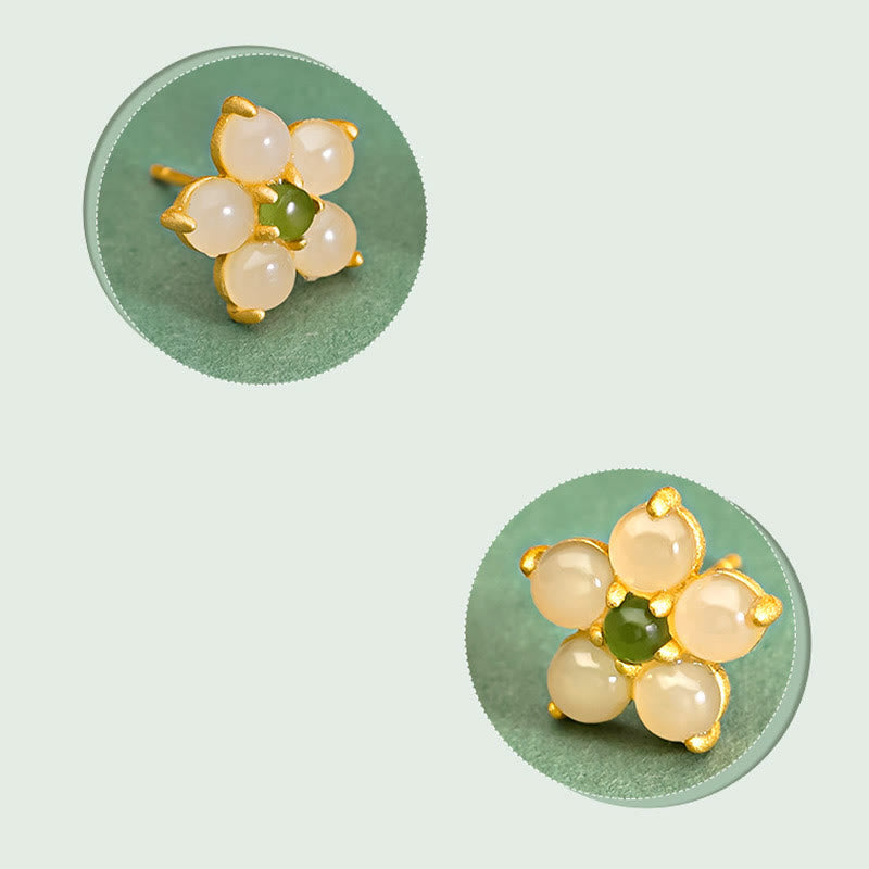 Buddha Stones 925 Sterling Silver Hetian Jade Luck Flower Stud Earrings - image 9