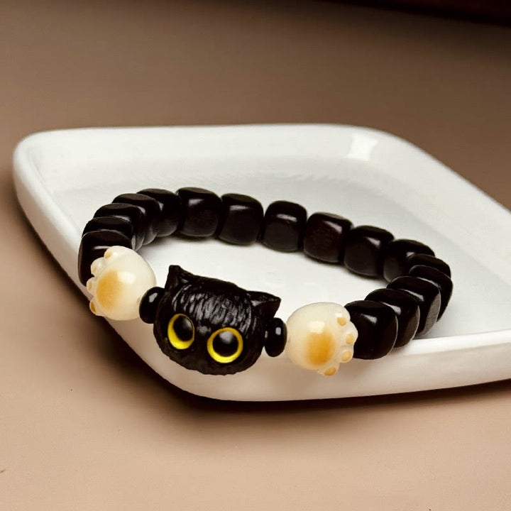 Buddha Stones Ebony Wood Cute Cat Bodhi Seed Paw Claw Peace Bracelet - Ebony Wood(Wrist Circumference 14-16cm) - image 0