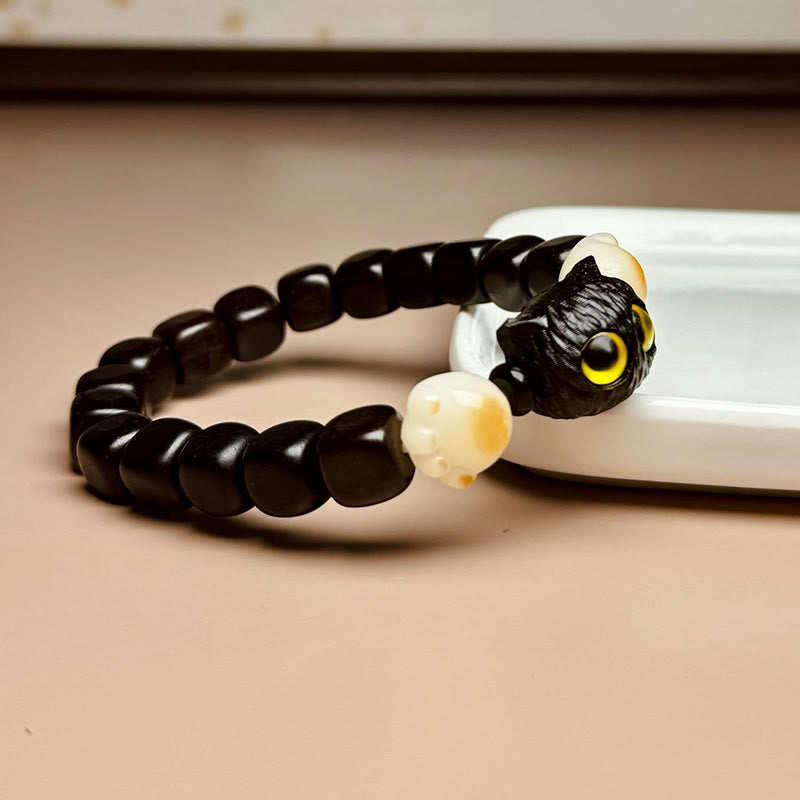 Buddha Stones Ebony Wood Cute Cat Bodhi Seed Paw Claw Peace Bracelet - image 1