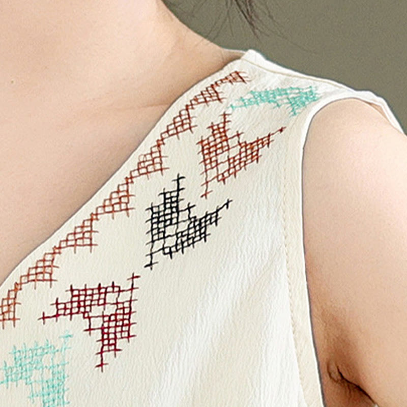 Buddha Stones Retro Embroidery V-Neck Tassel Tank Top - image 8