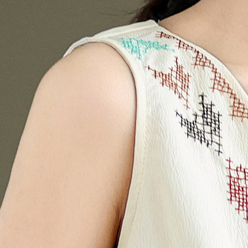 Buddha Stones Retro Embroidery V-Neck Tassel Tank Top - image 6