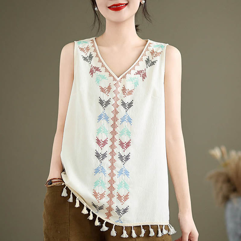 Buddha Stones Retro Embroidery V-Neck Tassel Tank Top - 2XL(Fit for US12; UK/AU16; EU44) - image 0