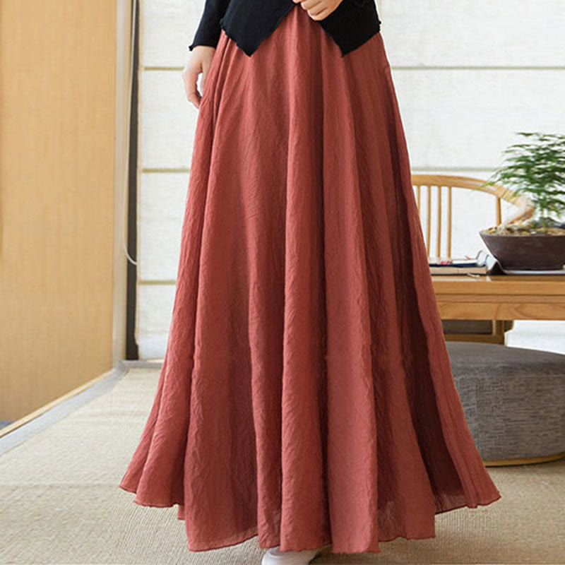 Buddha Stones Solid Color Elastic High Waist Linen Skirt - image 3
