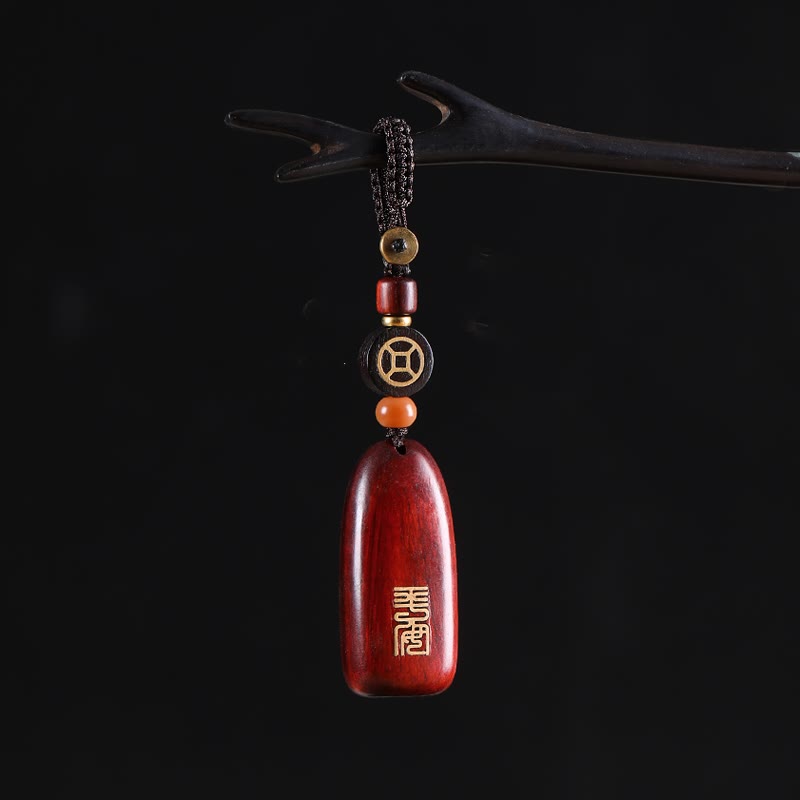 Buddha Stones Small Leaf Red Sandalwood Ebony Wood Peace Auspicious Copper Coin Protection Key Chain - Small Leaf Red Sandalwood - Copper Coin - image 0