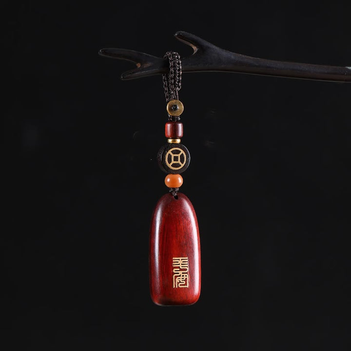 Buddha Stones Small Leaf Red Sandalwood Ebony Wood Peace Auspicious Copper Coin Protection Key Chain - Small Leaf Red Sandalwood - Copper Coin - image 0