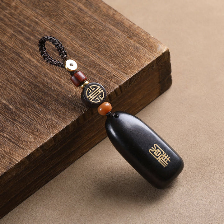 Buddha Stones Small Leaf Red Sandalwood Ebony Wood Peace Auspicious Copper Coin Protection Key Chain - Ebony - Regular - image 18