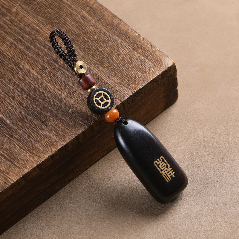 Buddha Stones Small Leaf Red Sandalwood Ebony Wood Peace Auspicious Copper Coin Protection Key Chain - Ebony - Copper Coin - image 16