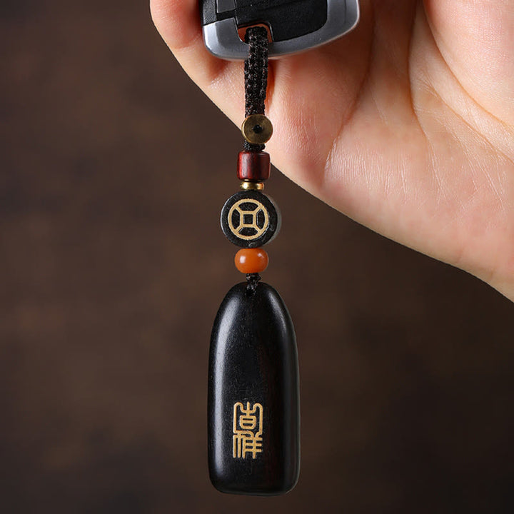 Buddha Stones Small Leaf Red Sandalwood Ebony Wood Peace Auspicious Copper Coin Protection Key Chain - image 17