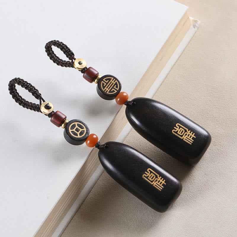Buddha Stones Small Leaf Red Sandalwood Ebony Wood Peace Auspicious Copper Coin Protection Key Chain - image 19