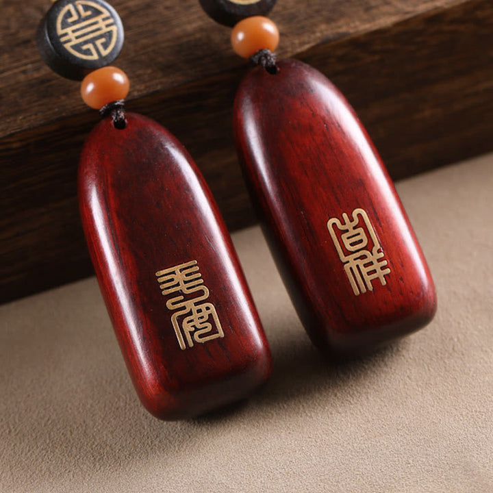 Buddha Stones Small Leaf Red Sandalwood Ebony Wood Peace Auspicious Copper Coin Protection Key Chain - image 12
