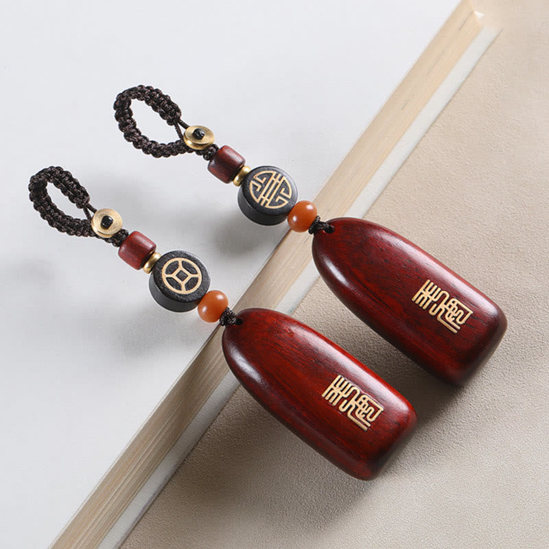 Buddha Stones Small Leaf Red Sandalwood Ebony Wood Peace Auspicious Copper Coin Protection Key Chain - image 15