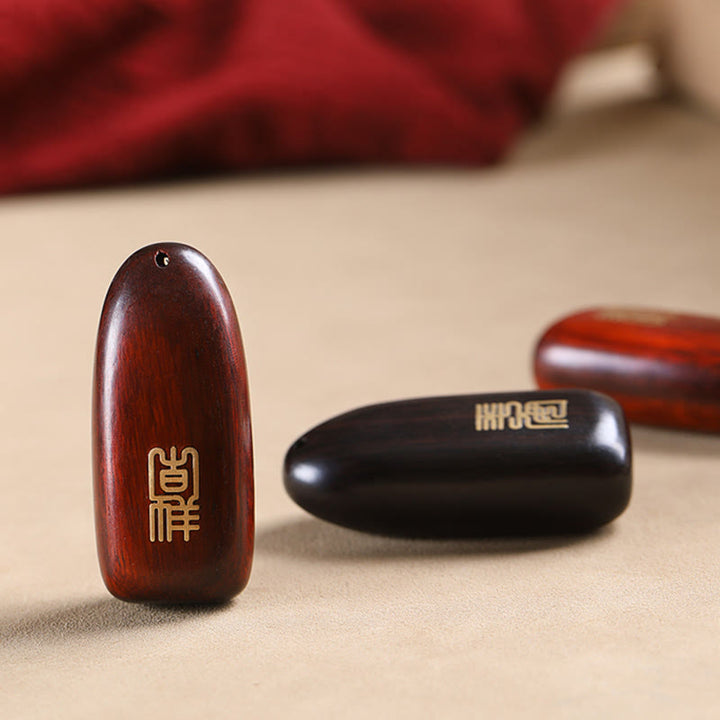 Buddha Stones Small Leaf Red Sandalwood Ebony Wood Peace Auspicious Copper Coin Protection Key Chain - image 13