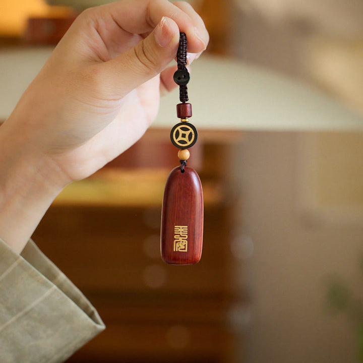 Buddha Stones Small Leaf Red Sandalwood Ebony Wood Peace Auspicious Copper Coin Protection Key Chain - image 4