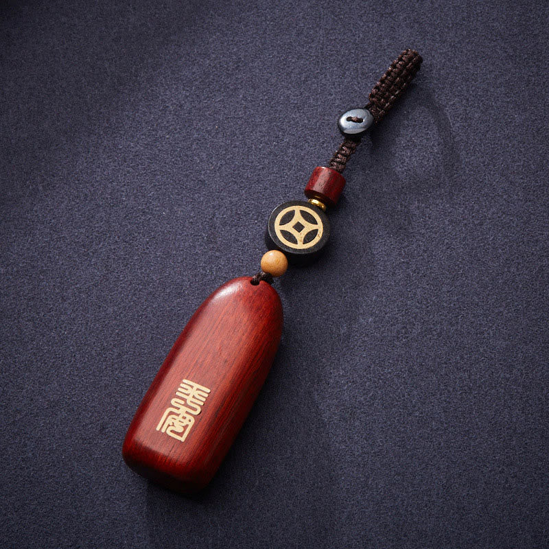 Buddha Stones Small Leaf Red Sandalwood Ebony Wood Peace Auspicious Copper Coin Protection Key Chain - image 8
