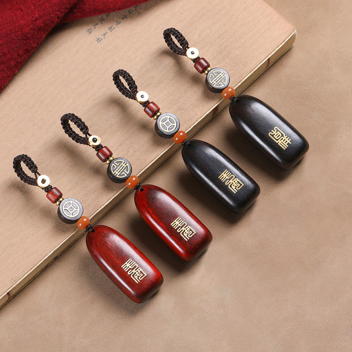 Buddha Stones Small Leaf Red Sandalwood Ebony Wood Peace Auspicious Copper Coin Protection Key Chain - image 1