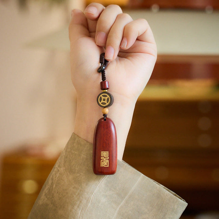 Buddha Stones Small Leaf Red Sandalwood Ebony Wood Peace Auspicious Copper Coin Protection Key Chain - image 6