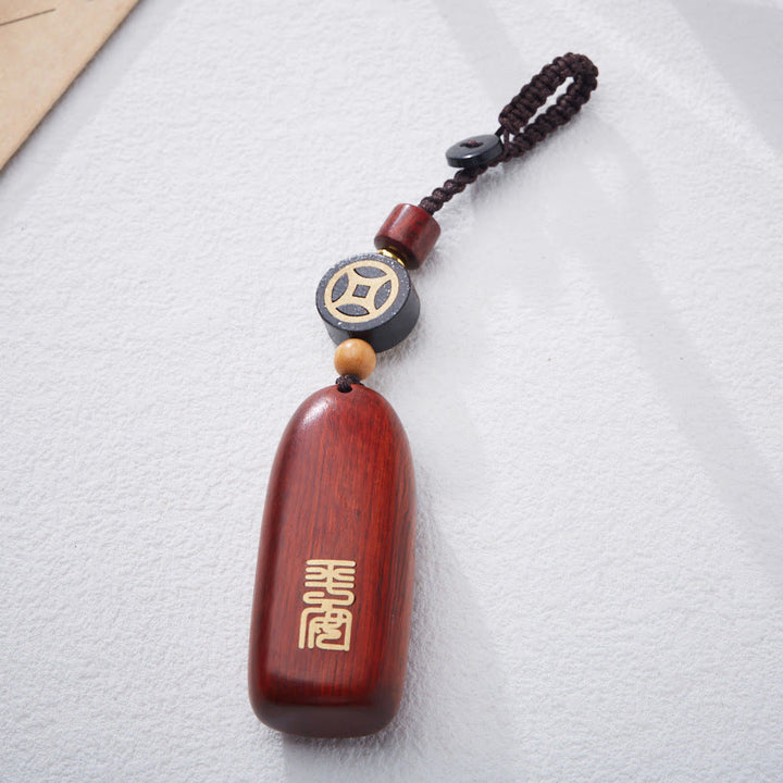 Buddha Stones Small Leaf Red Sandalwood Ebony Wood Peace Auspicious Copper Coin Protection Key Chain - image 3