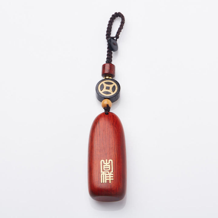 Buddha Stones Small Leaf Red Sandalwood Ebony Wood Peace Auspicious Copper Coin Protection Key Chain - image 9